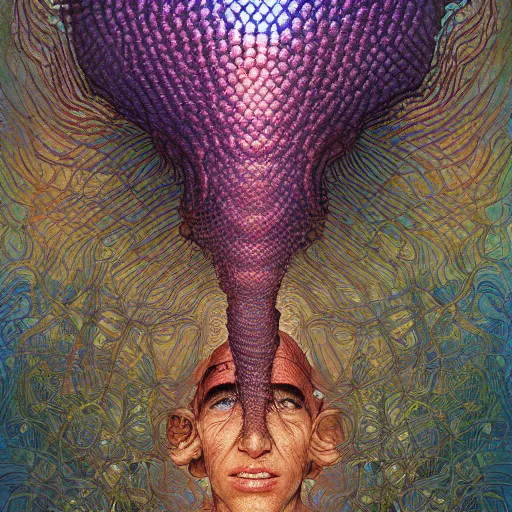 Image similar to fungus labyrinth mohawk scales reflector portrait by gaston bussierre and charles vess and james jean and erik jones and rhads, inspired by rick and morty, epic, funny, huge scale, beautiful fine face features, intricate high details, sharp, ultradetailed