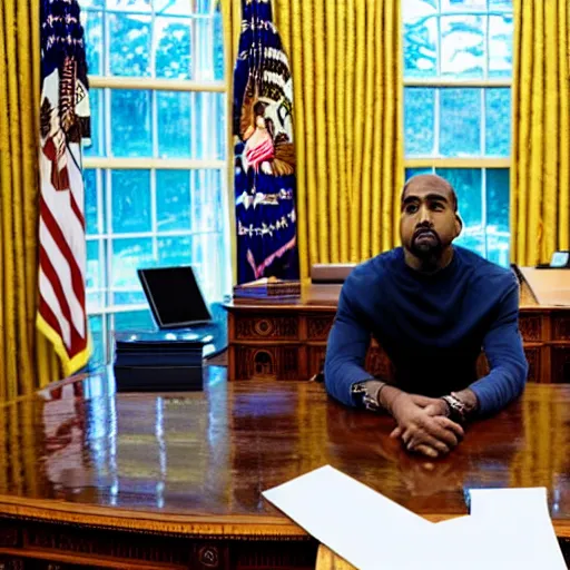 Image similar to professional photograph of Kanye West wearing a suit and sitting in the oval office desk, 8k, very intricate, very detailed,