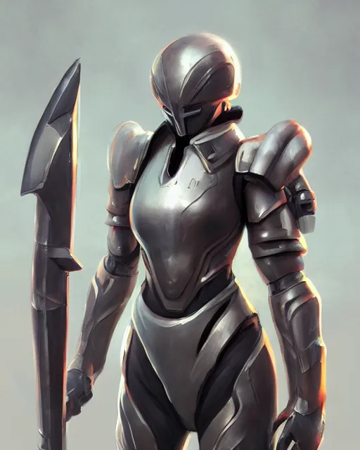 Image similar to concept art of a futurstic warior, wearing tight futurstic kinght armour, holding a futuristic weapon | | cute - fine - fine details by stanley artgerm lau, wlop, rossdraws, james jean, andrei riabovitchev, marc simonetti, and sakimichan, trending on artstation, brush stroke, for aaa game