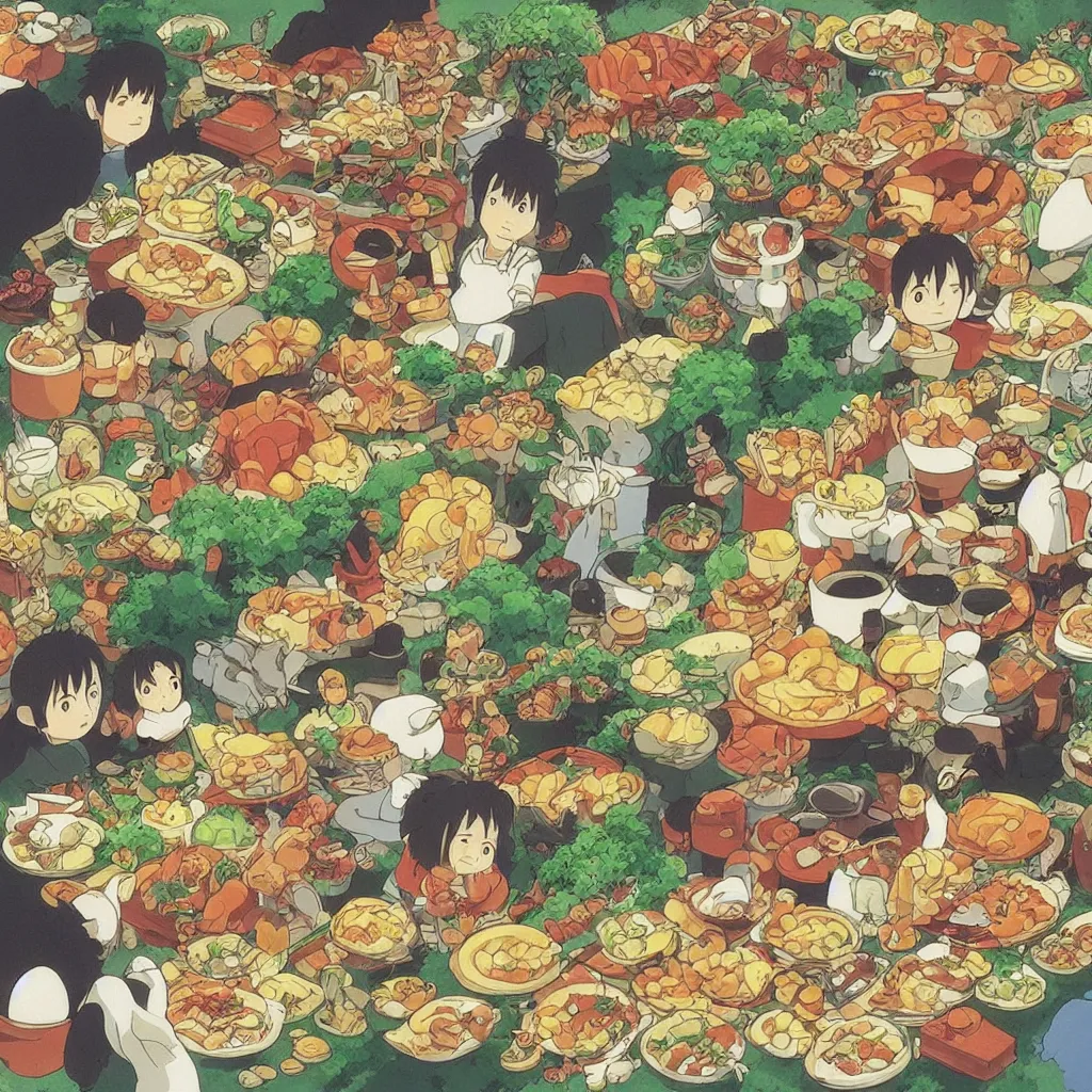 Prompt: “A beautiful large feast of delisious looking food, Studio Ghibli, Hayao Miyazaki”