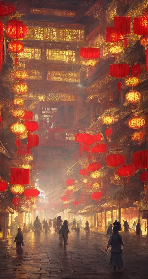 Image similar to epic scenery of a shopping street in the Chinese imperial city, intricate, elegant, volumetric lighting, digital painting, highly detailed, artstation, sharp focus, illustration, concept art, ruan jia, steve mccurry