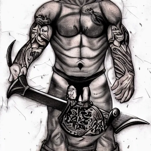 Image similar to muscular bald man, tattooed body, sword in hands, HD, anime style,