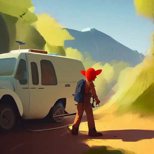 Prompt: goro fujita ilustration hiker unloading the car before camping, characterized by roman shipunov, etienne hebinger, atey ghailan, cgsociety, cynical realism, fantasy art, 2 d game art
