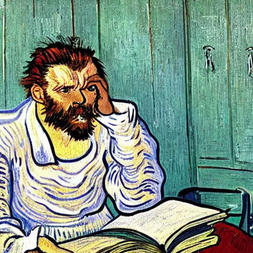 Prompt: a man pulls out his hair while reading a magazine, in the style of screaming, van gogh