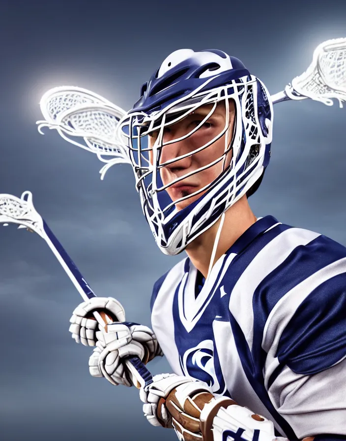 Image similar to closeup portrait of very beautiful cute male lacrosse player in a penn state stadium, glamour pose, particle effects, backlit, highly detailed, soft ambient lighting, sharp focus, rule of thirds, artgerm, wlop, arney freytag, rossdraws, frank frazetta, andrei riabovitchev, hd, octane, 4 k