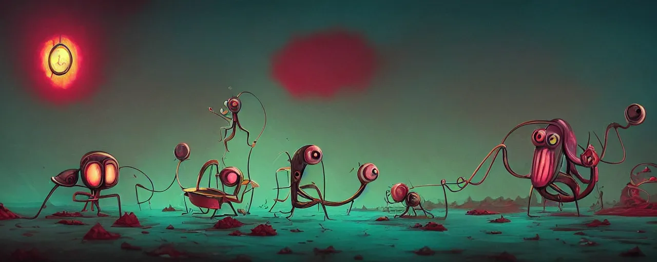 Image similar to wild whimsical plankton mutants from the depths of a wasteland deep in the imaginal realm, dramatic lighting, surreal fleischer cartoon characters, shallow dof, surreal painting by ronny khalil