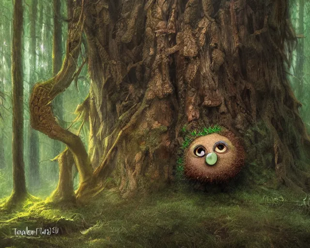 Image similar to a talking tree, a smiling face in the bark, bushy moustache, big eyes, nose, fantasy concept art, oil painting, hyperrealistic, highly detailed, artstation, cgsociety, in the forest