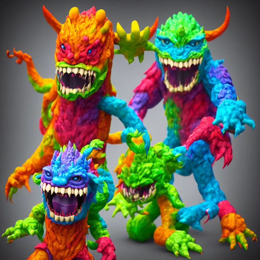 Prompt: 3 d render of a colorful monster kaiju!!! sofubi!!!! soft vinyl toy, promo shots 4 k photography