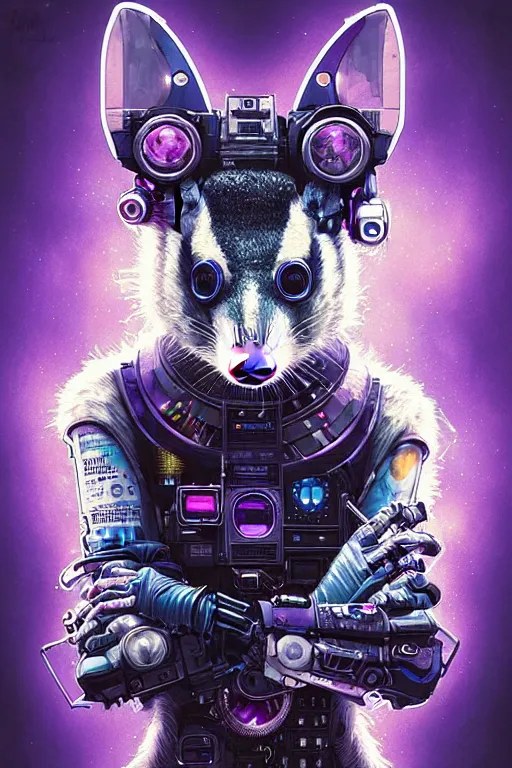 Image similar to a beautiful portrait of a cute cyberpunk opossum by sandra chevrier and greg rutkowski and wlop, purple blue color scheme, high key lighting, volumetric light, digital art, highly detailed, fine detail, intricate, ornate, complex, octane render, unreal engine, photorealistic