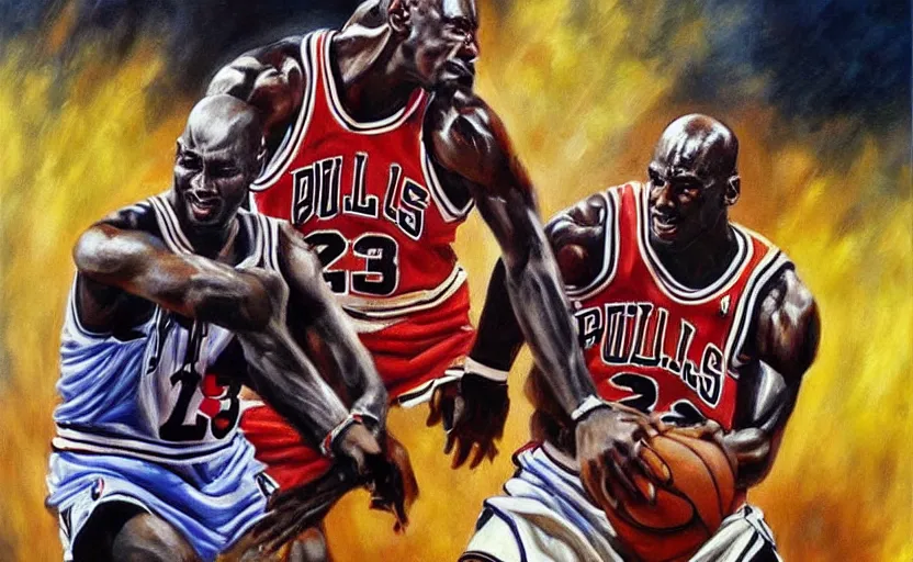 Prompt: beautiful painting of Michael Jordan playing basketball, NBA Finals, oil painting, masterpiece, highly detailed and ultra realistic, trending on artstation