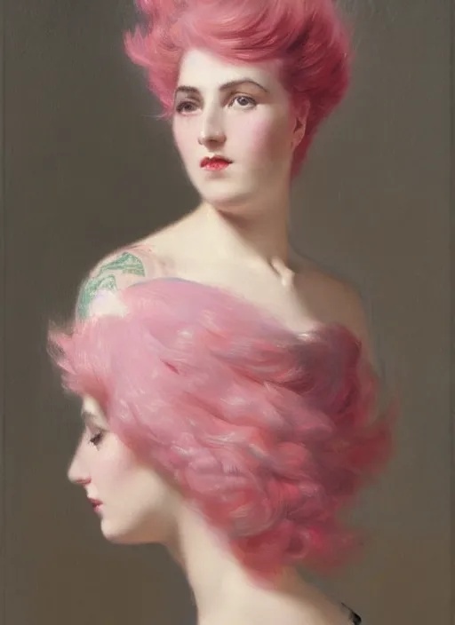 Image similar to a detailed portrait of woman with a mohawk by edouard bisson, year 1 9 5 0, pink hair, punk rock, oil painting, muted colours, soft lighting