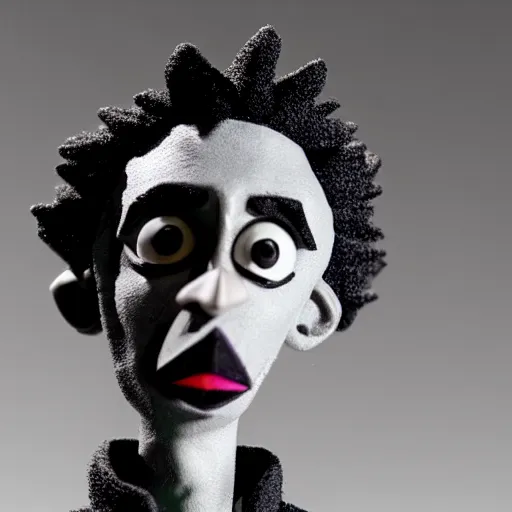 Prompt: a cartoon claymation medium close up sculpture of Playboi Carti, in the style of Tim Burton, black and white, high contrast