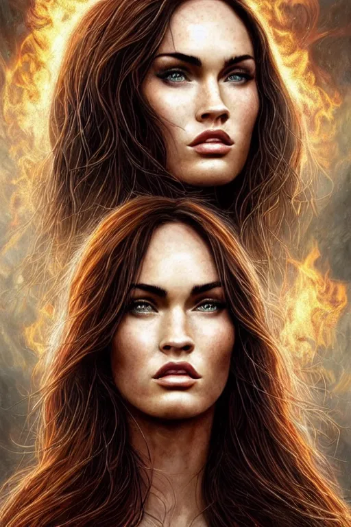 Image similar to majestic and regal portrait of a beautiful young megan fox fire goddess!!, intricate, epic, elegant, menacing, fantasy, highly detailed, digital painting, hard focus, beautiful volumetric lighting, epic light, ultra detailed, souls, smoke, by leesha hannigan, ross tran, thierry doizon, kai carpenter, ignacio fernandez rios