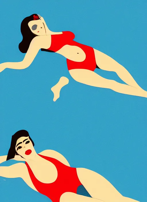 Prompt: portrait of a girl, in retro swimsuit, lying by the pool, minimalist illustration, flat colors, contrasting shadows art by parrish, maxfield, frame from a movie