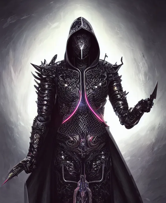 Prompt: the omnipotent assassin, vivid award winning digital artwork, intricate black sharp iridescent hooded semi - cybernetic armour, beautiful iridescent technology and weapon, long sharp swords, glowing face, detailed realistic, specular colors, ornate colored gems, character art by greg rutkowski and artgerm