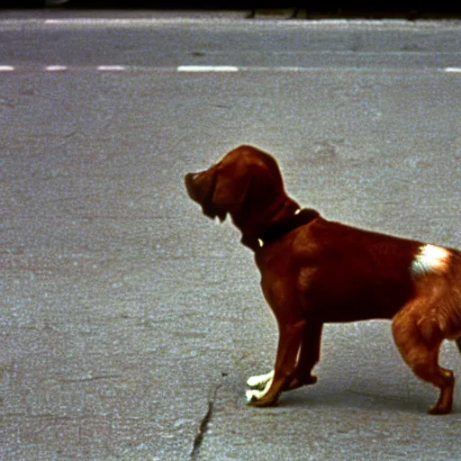 Image similar to film still from the 1995 movie 'My Dog Is A Psychopath'. The owner confront his crazy dog. Sigma 85mm f/8