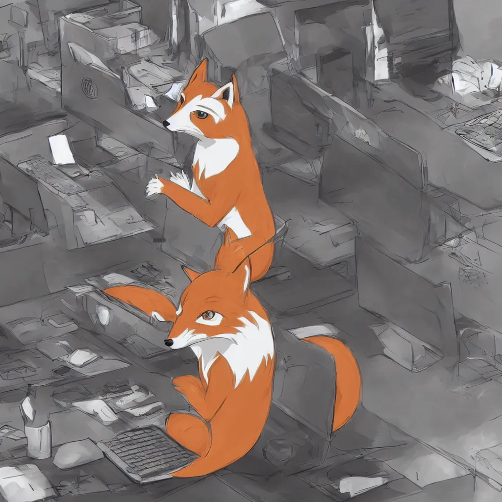 Image similar to an anthropomorphic fox in a hoodie sitting in front of a portable black computer, concept art, digital art, highly detailed, anime, by hayao miyazaki