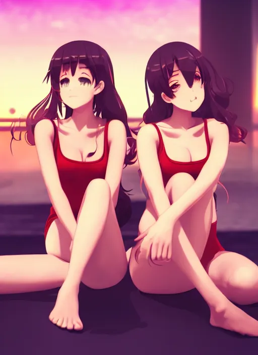 Image similar to two beautiful identical women sitting on a hot summer evening, gorgeous faces, thick lines, cinematic lighting, detailed anime art