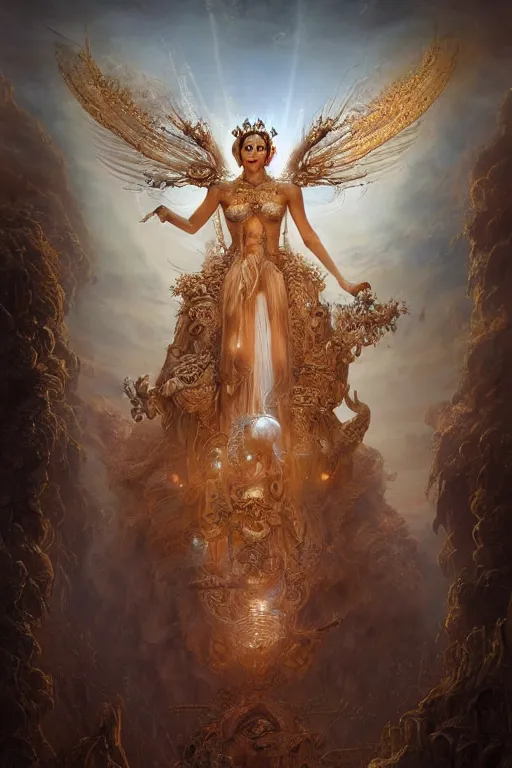 Prompt: a beautiful detailed 3 d matte painting of female tanned skinned empress of light, by ellen jewett, tomasz alen kopera and justin gerard | symmetrical, aboriginal, solemn, realism, intricate, ornate, royally decorated, halo, gilding, gilded, whirling smoke, particles, gold adornments, white splendid fabric, radiant colors