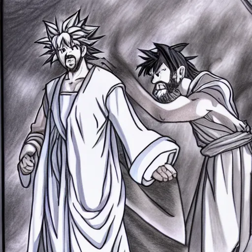 Prompt: anime drawing of jesus with a beard a white robe, goku fighting jesus