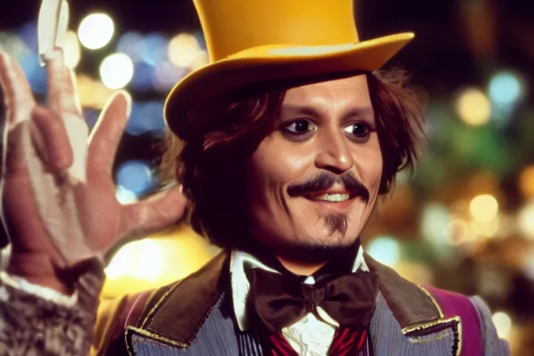 Prompt: johnny depp as a character in willy wonka's chocolate factory movie directed by tim burton,, cinematic still, movie still, long lens, shallow depth of field, bokeh, anamorphic lens flare, 8 k