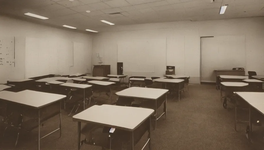 Prompt: a vintage photo of an empty never - ending continuous perpetual classroom, kodachrome, cinecolor, film grain, film texture, retro, cinematic, high resolution, photorealism,