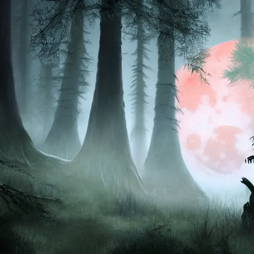 Prompt: a bloody skinwalker with its lower jaw missing in the foreground, in the background albino red sequoia trees and a greeen moon above them, fantasy digital wallpaper