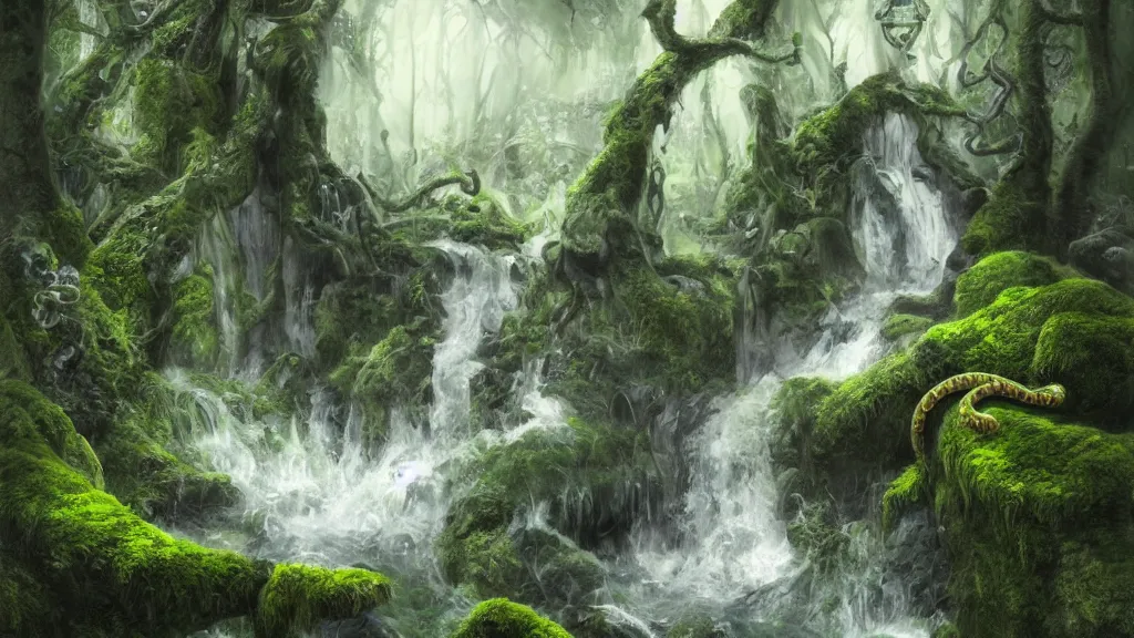 Prompt: waterfall, moss, gnarly monolith with snakes and symbols, rain, digital painting, sharp, digital art by James Zapata and Jana Schirmer and Brad Rigney and Andres Rios