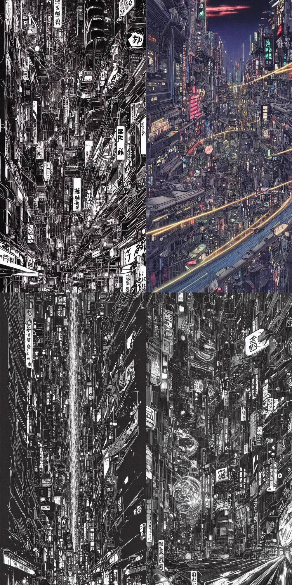 Prompt: beautiful and detailed anime drawing of an AKIRA-like cyberpunk city landscape with light trail from a motorcycle at the bottom and a bridge silhouette at the top, japan at night, 1980s, by Katsuhiro Otomo and mamoru oshii, wide angle, worm\'s eye view, grand, clean