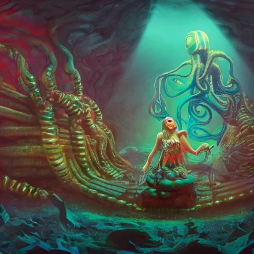 Image similar to dystopian fantasy undersea rock concert. On stage, the drummer is Cthulhu squid woman with tentacles playing a big rock&roll drum kit, by Philipp A. Urlich and Pengzhen Zhang an Andreas Rocha, fantasy, intricate, elegant, highly detailed, digital painting, artstation, blender, unreal engine 5, octane render, smooth, sharp focus, illustration