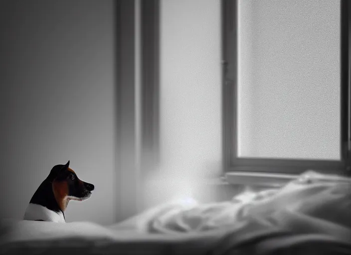 Image similar to photography of a Jack Russel . watching outside the window. on a bed. in a white room. octane render,volumetric light, volumetric fog, photorealistic,, award winning photo, 100mm, sharp, cloth, high res