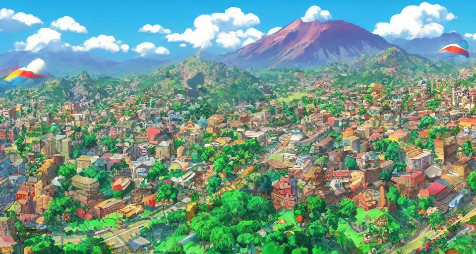 Prompt: City of Armenia Quindio, Artwork by Studio Ghibli, official media, concept art, 8k, pixiv, high definition, wallpaper, hd, digital artwork