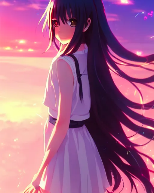 Image similar to anime style, vivid, expressive, full body, 4 k, painting, a cute magical girl with a long wavy black hair, stunning, realistic light and shadow effects, centered, simple background, studio ghibly makoto shinkai yuji yamaguchi