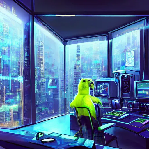 Image similar to a cyberpunk room, big windows overlooking a futuristic and neon city, in the middle of the room an otter typing on a computer terminal wearing big headphones, hyper realistic