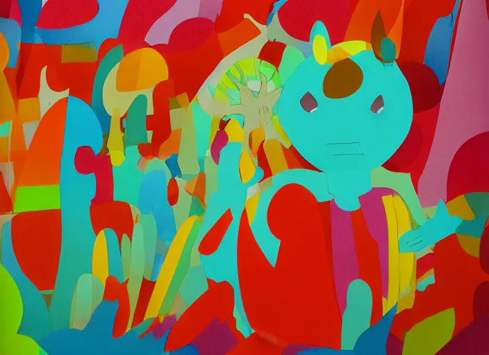 Image similar to stunning clarity experimental cut paper mixed media blotchy character shape design by masaaki yuasa, pleasing palette watercolor masterpiece