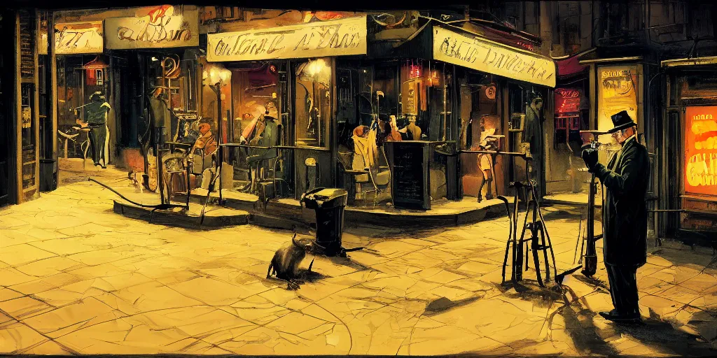 Prompt: a biped trans fat rat is cleaning glasses behind the barr of a 4 0 s jazz club, warm color palette, night time, dramatic lighting, noir film, character sheet, fine details, high contrast, blacksad, kim jung gi, greg rutkowski, trending on artstation, 8 k, front view, back view, ultra wide angle