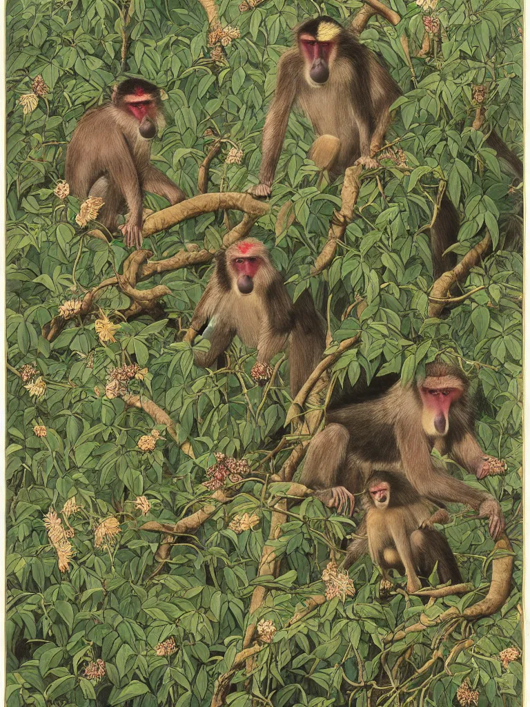 Prompt: mandrill baboon and many flowers and wild thorns in gold, walton ford