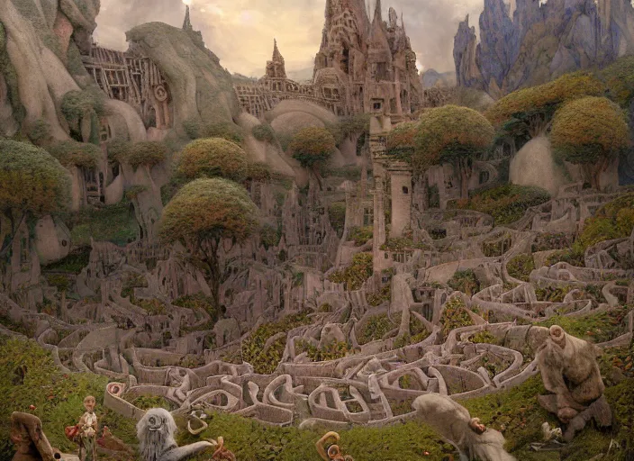 Image similar to jim henson's labyrinth at dawn. the maze of stone corridors is spread out over the hills surrounding the goblin king's castle by edgar maxence and caravaggio and michael whelan and delacroix style, artistic, intricate painting, cinematic lighting, hyper realistic, extremely detailed, establishing shot, 8 k resolution, dramatic lighting