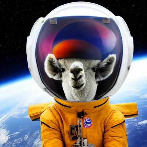 Image similar to a lama in a helmet is flying in space, 4k image.