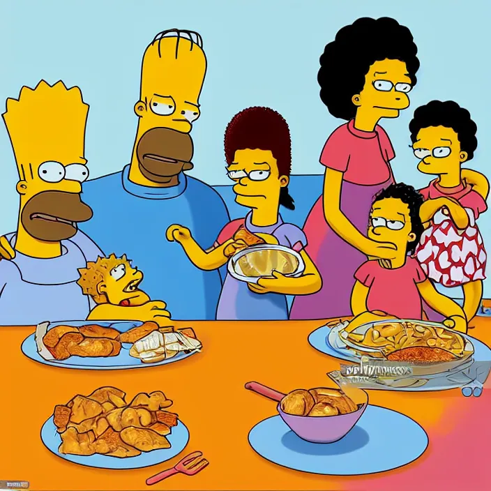 Image similar to African American family in 1979 with two daughters and a son eating chicken, mash potatoes, and rolls for dinner. Cartoon version Simpsons style