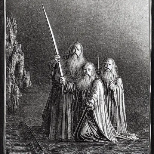 Image similar to lord of the rings, by gustave dore and albrecht durer