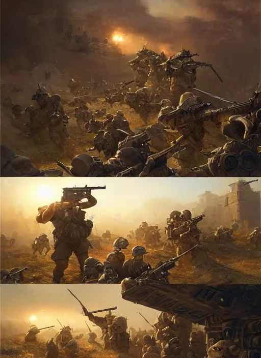 Image similar to highly detailed illustration featuring hamsters at war, stephen bliss, unreal engine, fantasy art by greg rutkowski, global illumination, radiant light, detailed and intricate environment, hamsters, hamsters holding rifles, hamsters dressed in battle gear