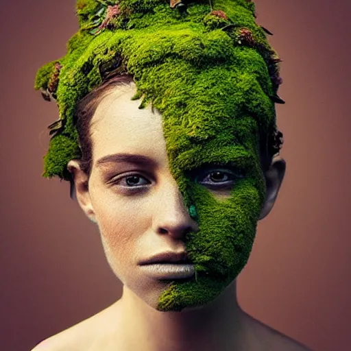 Image similar to beautiful portrait of a woman\'s face, her skin made of moss, flowers growing from her head, golden sunlight, extremely detailed, hyperrealistic, photo by annie leibovitz, masterpiece, award-winning