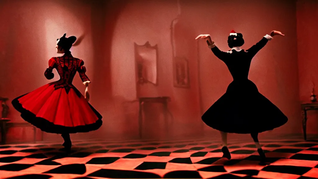 Prompt: a harlequin dances in a checkered red and black tea room inspired by Alice in wonderland, film still from the movie directed by Denis Villeneuve with art direction by Zdzisław Beksiński, wide lens