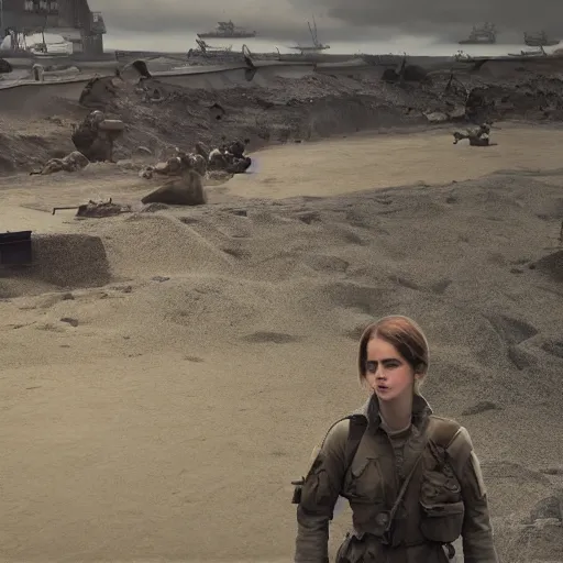 Image similar to footage of emma watson in d - day, unreal engine 5 highly rendered, radiant light, detailed and intricate environment, wide angle, cinematic lighting