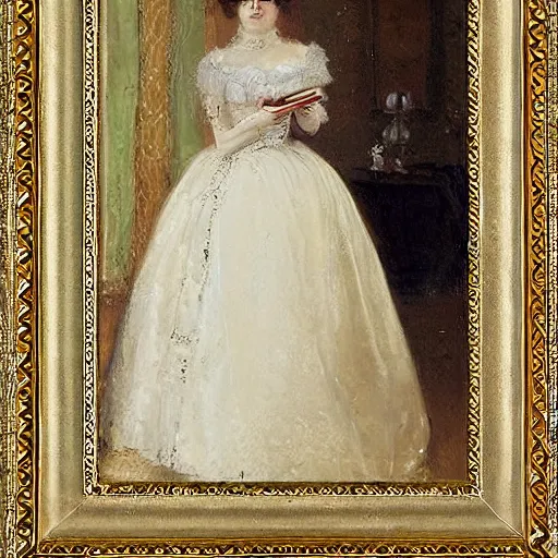 Prompt: young victorian lady in ball gown, absent - minded, holding a book, painted by alfred stevens