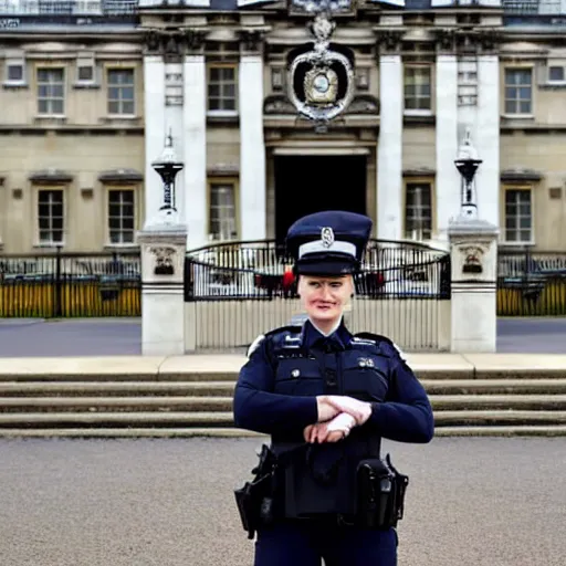 Prompt: a policewoman guarding Buckingham palace