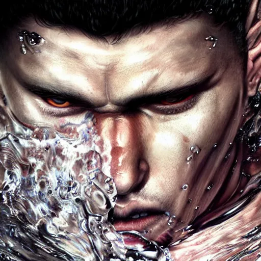 Image similar to photorealistic shockingly amazing portrait of guts from berserk submerged in water extremely detailed, made by wlop and maxwell boas