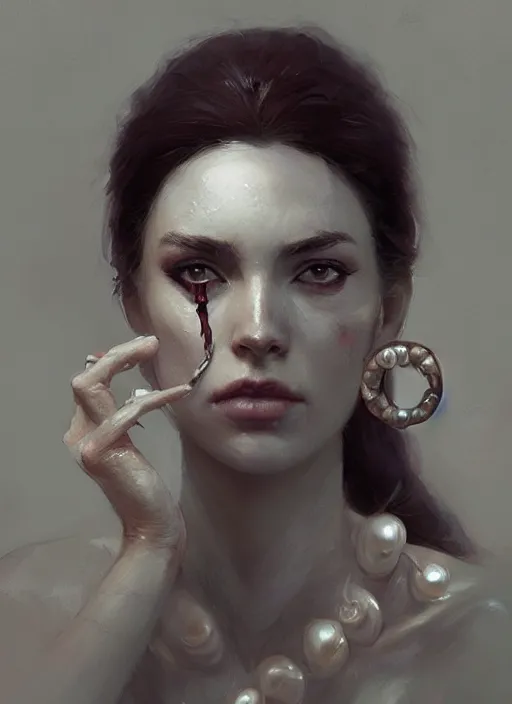 Image similar to a woman with pearls in eye sockets and glistering skin, greg rutkowski, raymond swanland, fantasy art, detailed painting, artstation