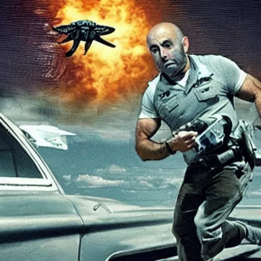 Image similar to joe rogan heroically saving an alien from area 5 1 while being chased by the cia protecting his rights